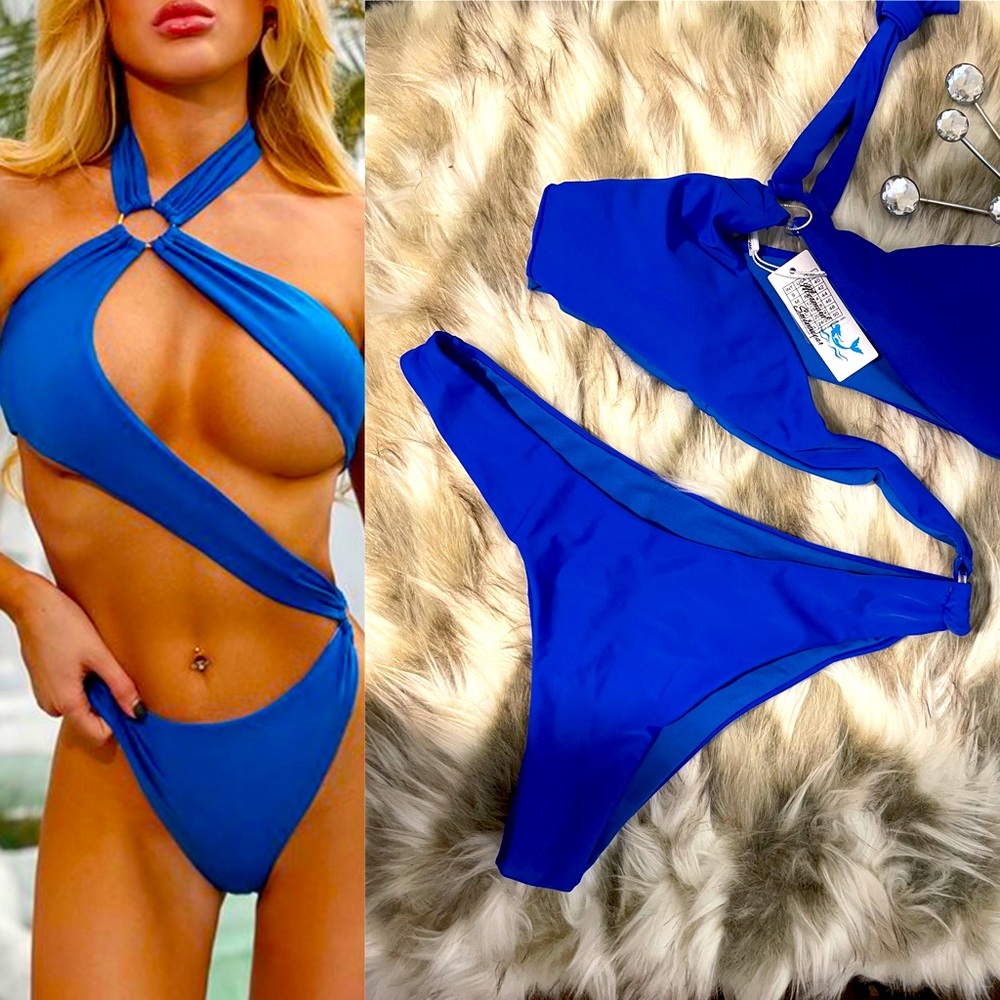 Sexy Blue Euro Asymmetric one piece swimsuit size L